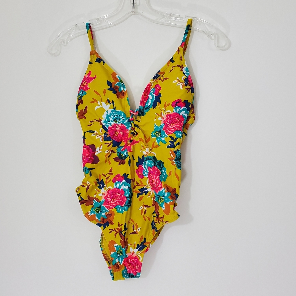 Xhilaration Yellow Floral Swimsuit, Size Medium